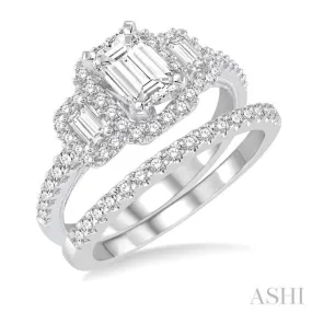 1 1/10 ctw Diamond Bridal Set with 1 ctw Emerald Cut Engagement Ring and 1/8 ctw Wedding Band in 14K White Gold