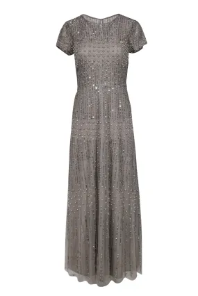 Adrianna Papell - Taupe Short Sleeve Tulle Gown w/ Sequins & Pearls Sz 10P