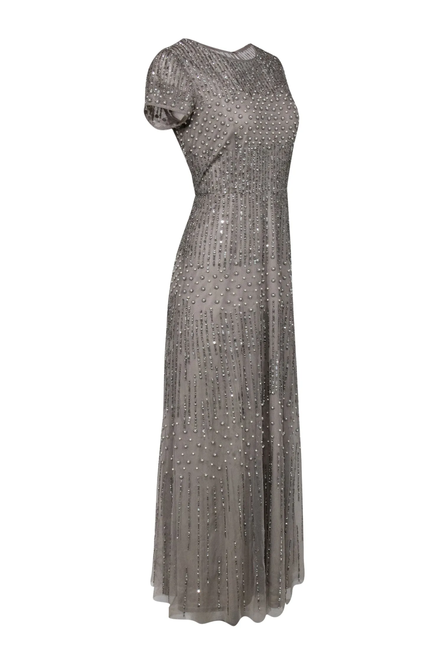 Adrianna Papell - Taupe Short Sleeve Tulle Gown w/ Sequins & Pearls Sz 10P
