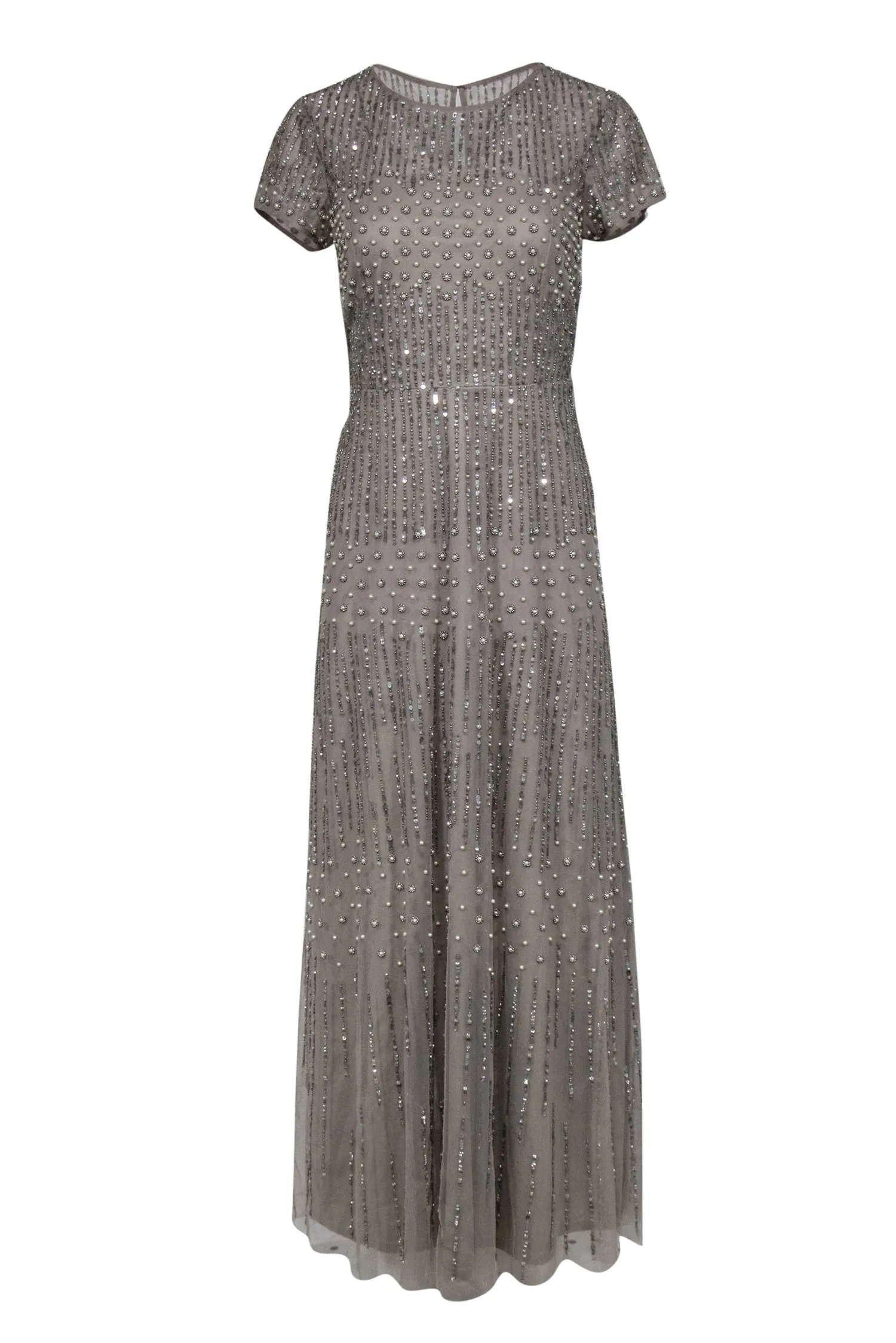 Adrianna Papell - Taupe Short Sleeve Tulle Gown w/ Sequins & Pearls Sz 10P