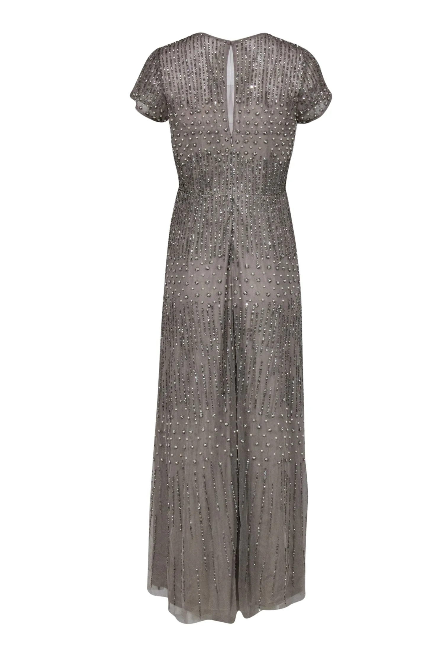 Adrianna Papell - Taupe Short Sleeve Tulle Gown w/ Sequins & Pearls Sz 10P