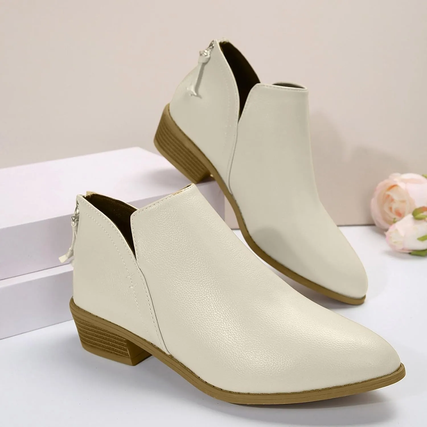Ankle Boots for Women Fall Fashion Dress Short Low Heels Chunky Stacked Cutout Booties Ruffle Slip On Pointed Toe Shoes Booties