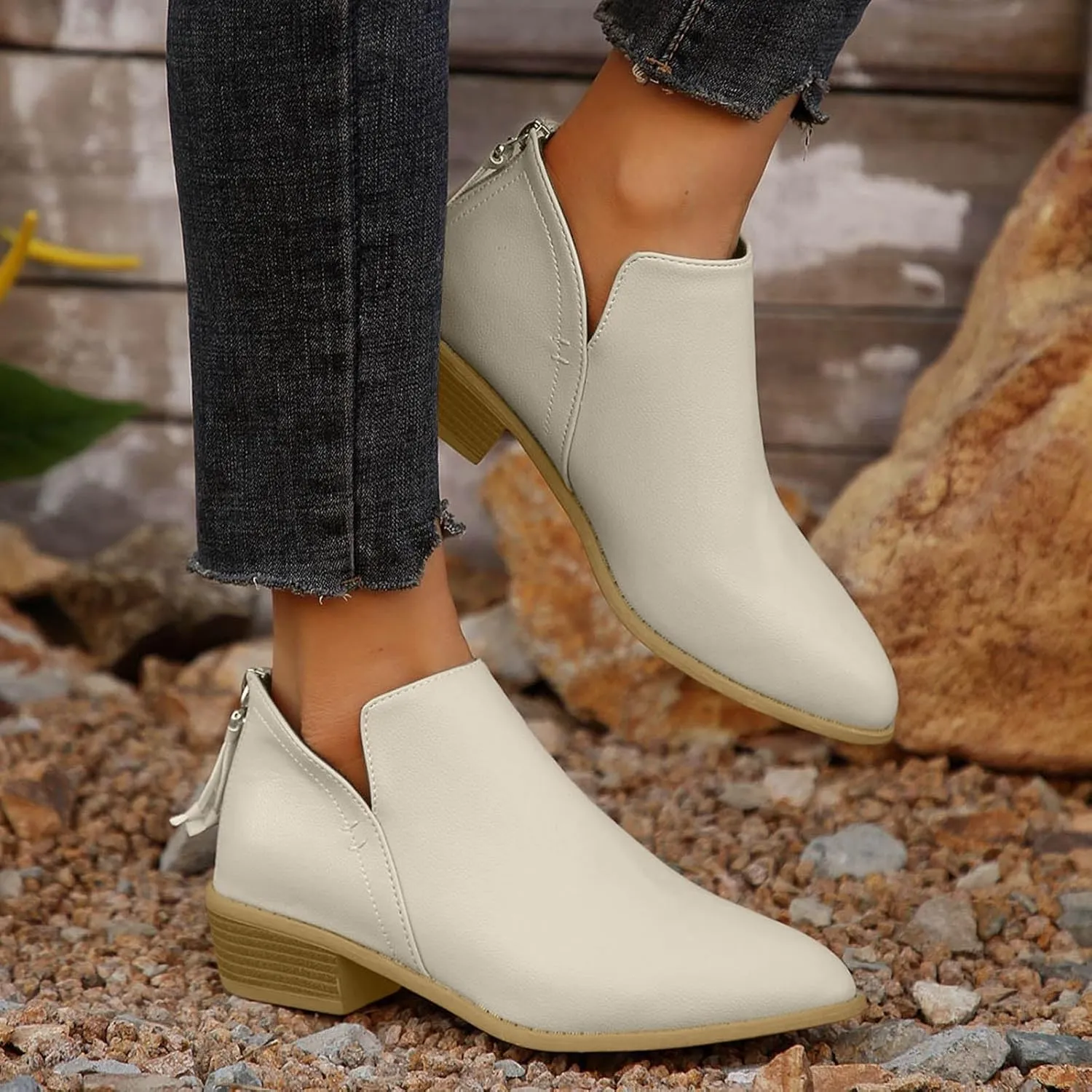 Ankle Boots for Women Fall Fashion Dress Short Low Heels Chunky Stacked Cutout Booties Ruffle Slip On Pointed Toe Shoes Booties