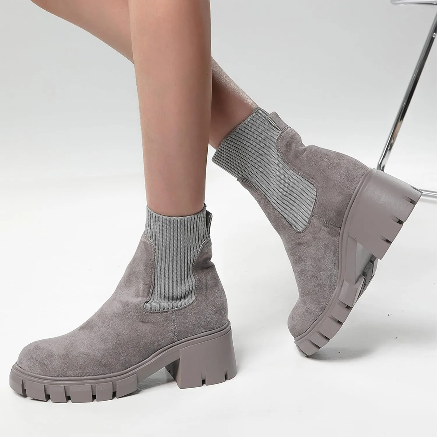 Ankle Boots for Women Faux Suede Chelsea Boots Lug Sole Elastic Thick Heel Chunky Block Platform Slip-on Fashion Booties