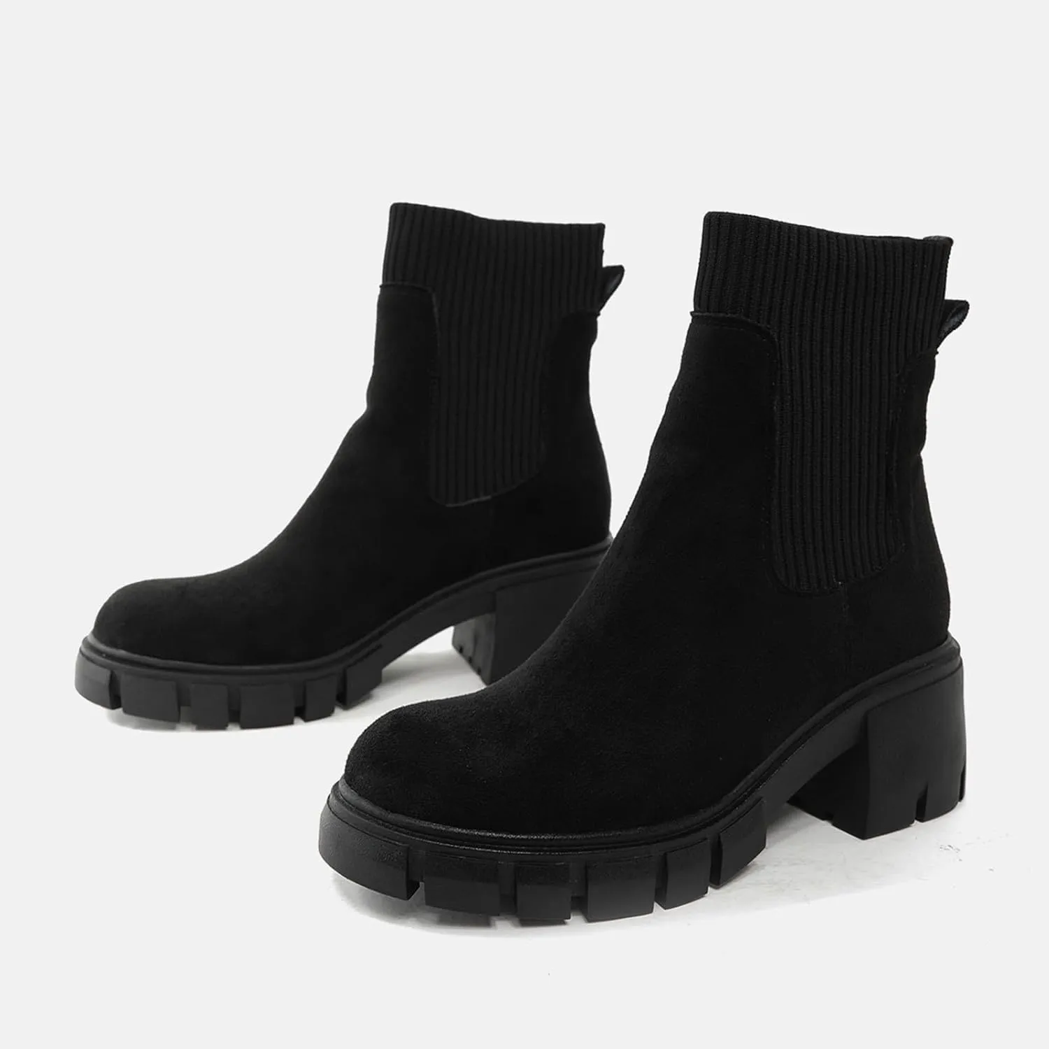 Ankle Boots for Women Faux Suede Chelsea Boots Lug Sole Elastic Thick Heel Chunky Block Platform Slip-on Fashion Booties