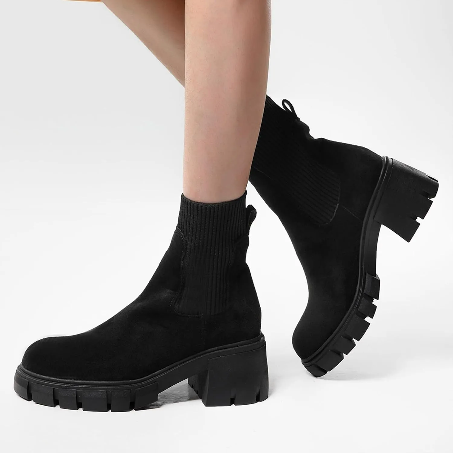 Ankle Boots for Women Faux Suede Chelsea Boots Lug Sole Elastic Thick Heel Chunky Block Platform Slip-on Fashion Booties