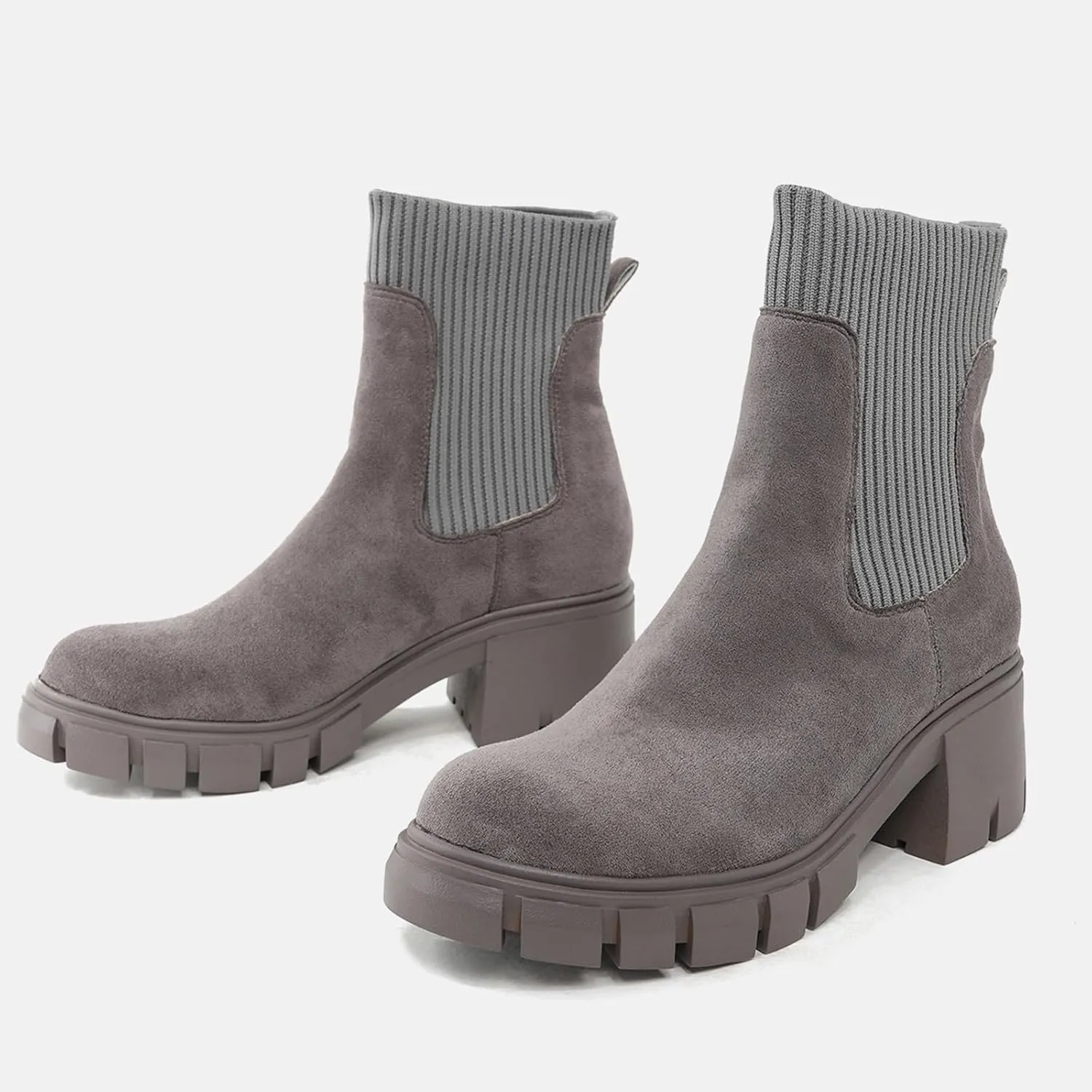 Ankle Boots for Women Faux Suede Chelsea Boots Lug Sole Elastic Thick Heel Chunky Block Platform Slip-on Fashion Booties