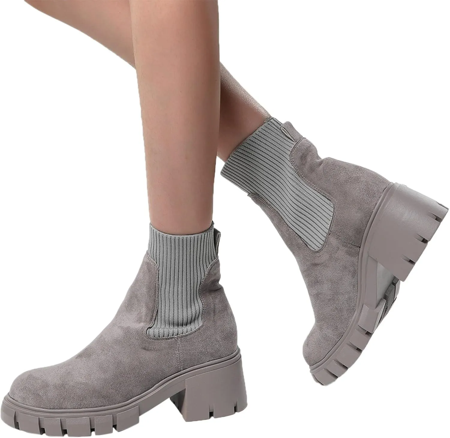 Ankle Boots for Women Faux Suede Chelsea Boots Lug Sole Elastic Thick Heel Chunky Block Platform Slip-on Fashion Booties