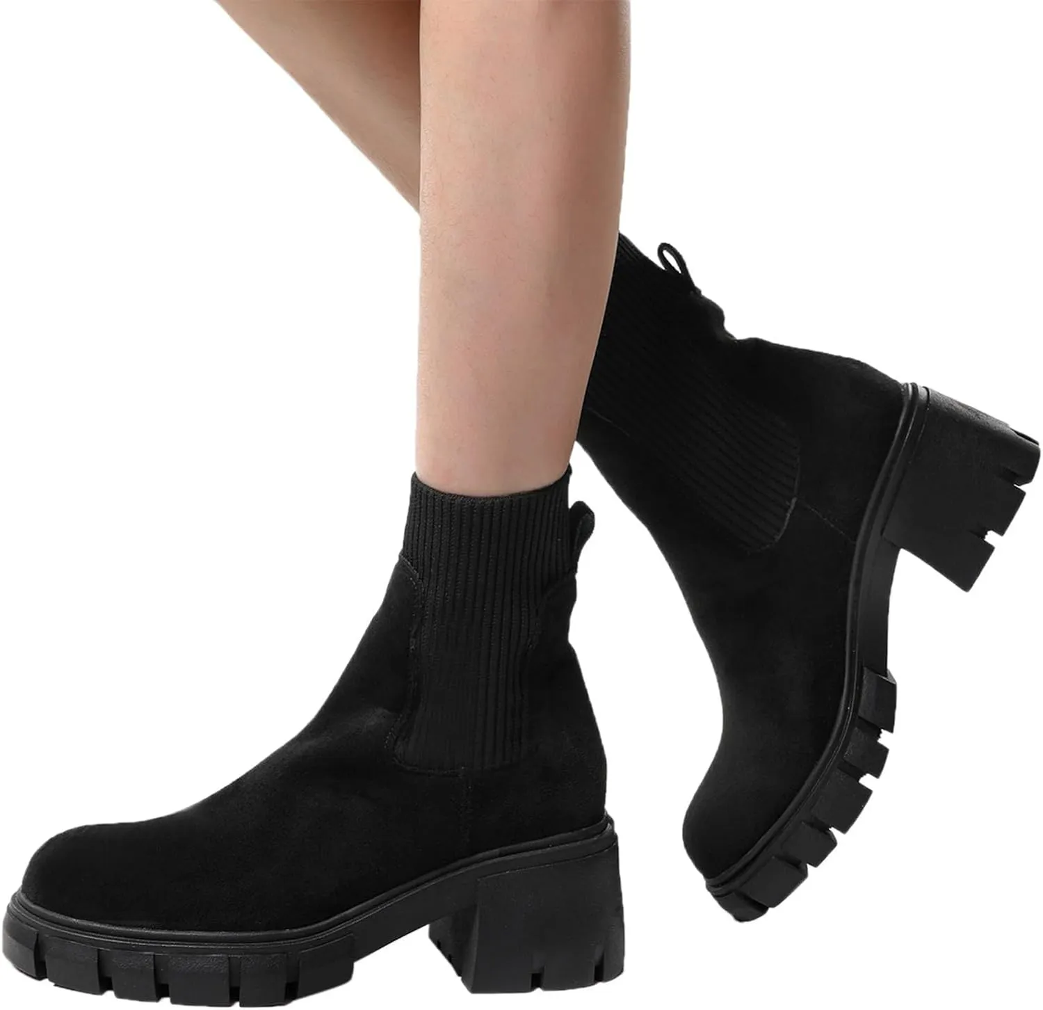 Ankle Boots for Women Faux Suede Chelsea Boots Lug Sole Elastic Thick Heel Chunky Block Platform Slip-on Fashion Booties