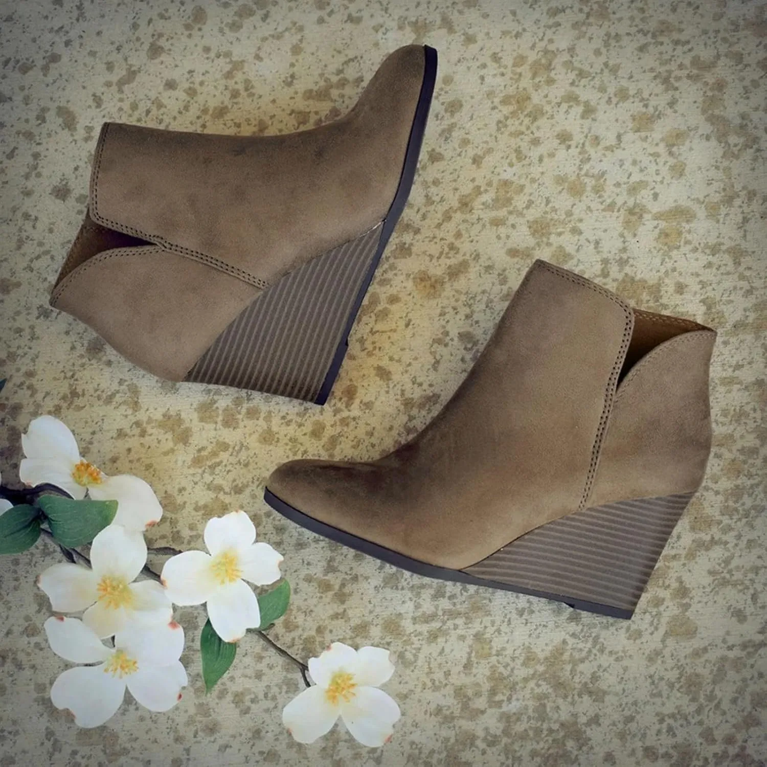 Ankle Boots for Women, Thick Heels Round Toe Wedding Boots Fashion Wedge Suede Side Zipper Non-Slip Ankle Boots