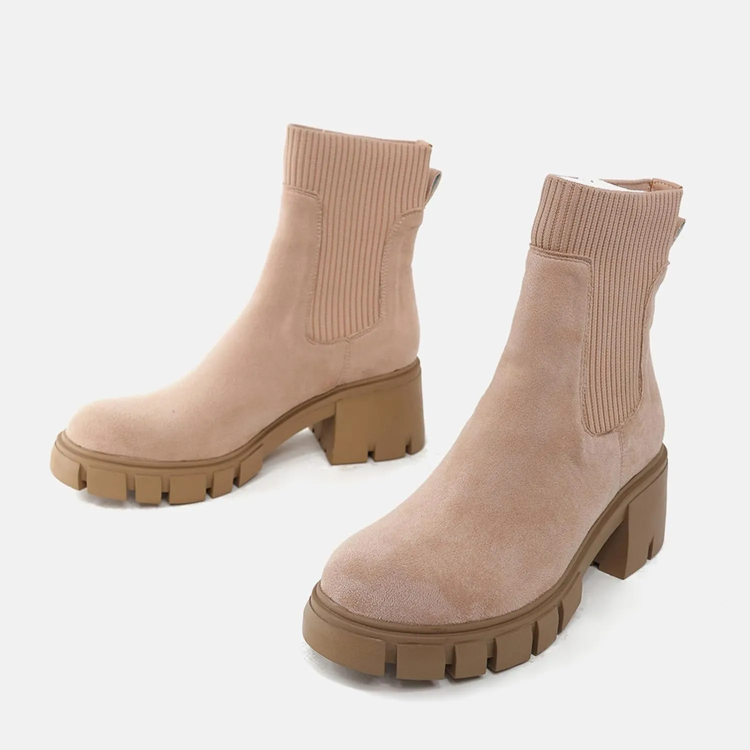 Ankle Boots for Women, Women's Fashion Elastic Chunky Block Heel Chelsea Boots Platform Sole Non-Slip Combat Ankle Booties