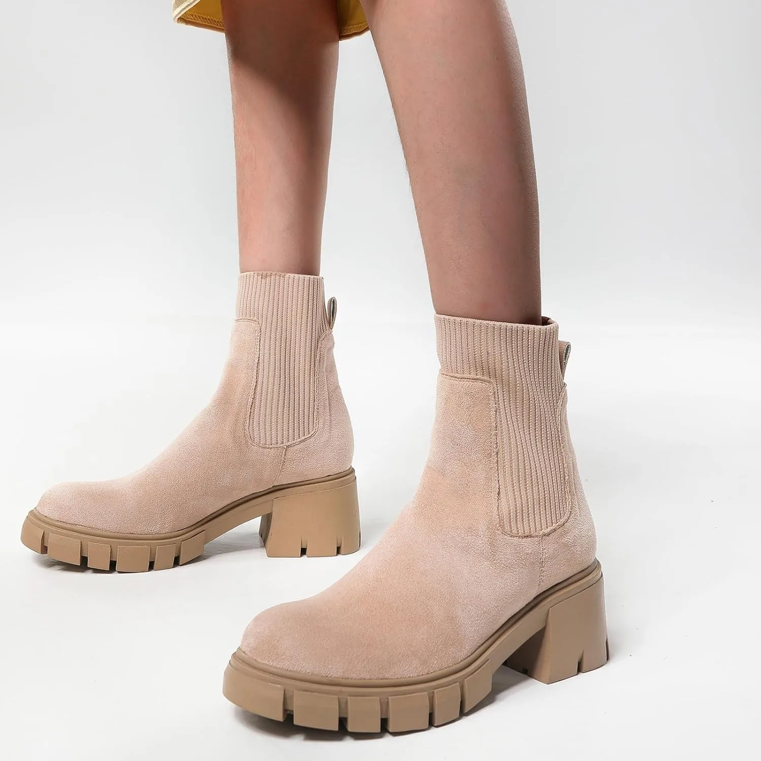 Ankle Boots for Women, Women's Fashion Elastic Chunky Block Heel Chelsea Boots Platform Sole Non-Slip Combat Ankle Booties