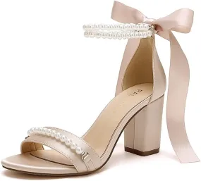 Block Heel Wedding Sandals Pearl Wedding Shoes for Bride Open Toe Bridal Shoes Chunky Heel Sandals