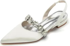 Bridal Shoes Slingback Flats Closed Toe Flats Women Satin Flats Rhinestones Wedding Flats Comfortable Dressy Flats Pointed Toe Women Flats 2.5Cm