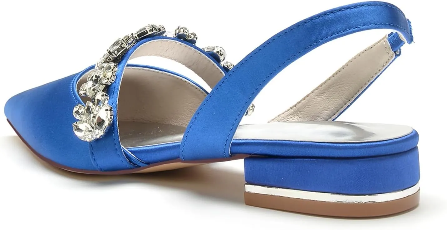 Bridal Shoes Slingback Flats Closed Toe Flats Women Satin Flats Rhinestones Wedding Flats Comfortable Dressy Flats Pointed Toe Women Flats 2.5Cm