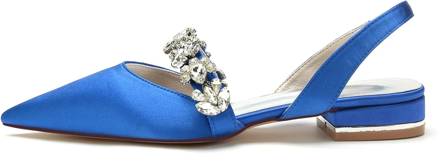 Bridal Shoes Slingback Flats Closed Toe Flats Women Satin Flats Rhinestones Wedding Flats Comfortable Dressy Flats Pointed Toe Women Flats 2.5Cm