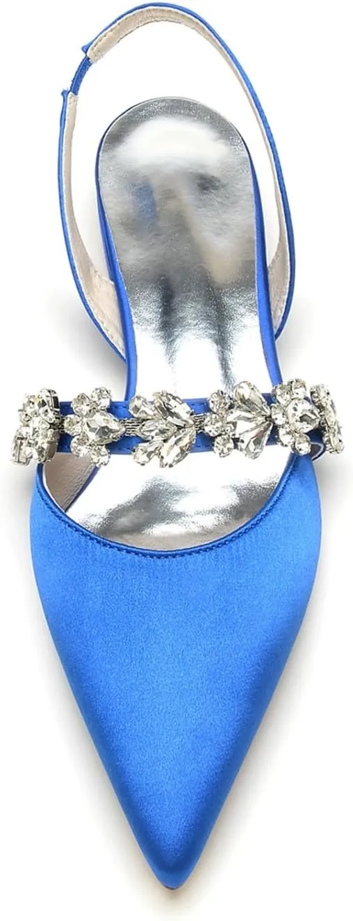 Bridal Shoes Slingback Flats Closed Toe Flats Women Satin Flats Rhinestones Wedding Flats Comfortable Dressy Flats Pointed Toe Women Flats 2.5Cm