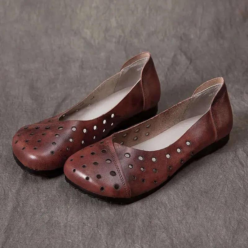 Brown Retro Flat Shoes with Hollow Design and Soft Sole
