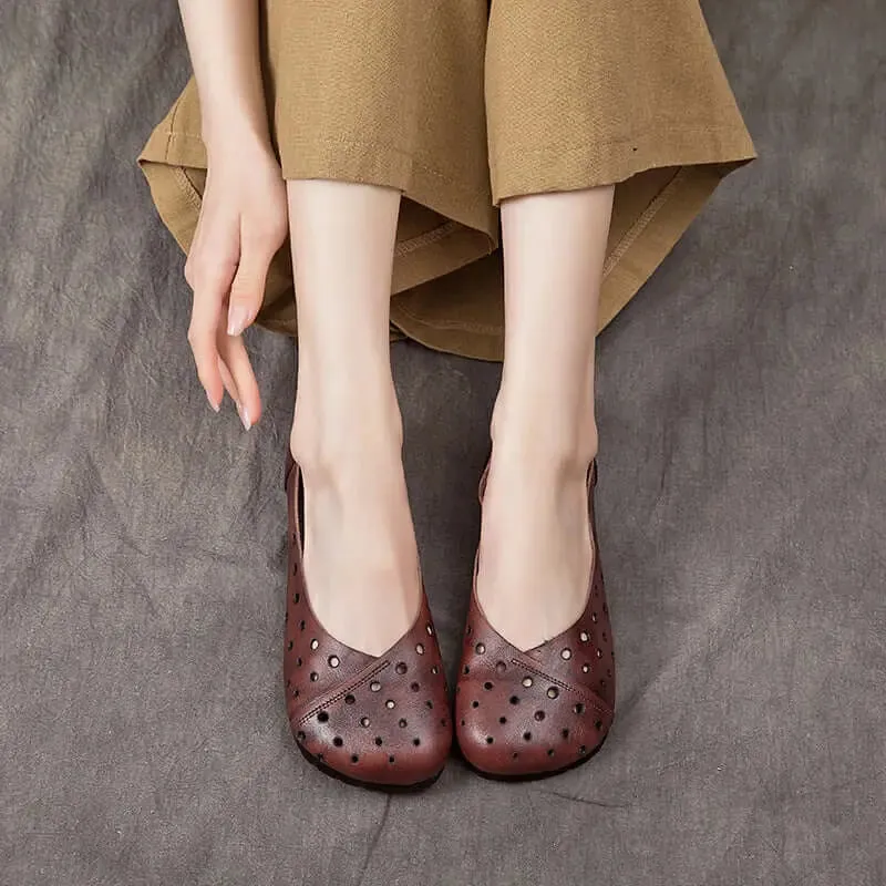 Brown Retro Flat Shoes with Hollow Design and Soft Sole