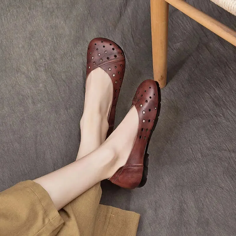Brown Retro Flat Shoes with Hollow Design and Soft Sole