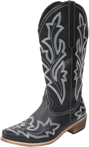Cathalem Cowboy Boots for Women Wide Calf Knee High Embroidered Western Cowgirl Boots, Pointed Toe Chunky Heel Boots