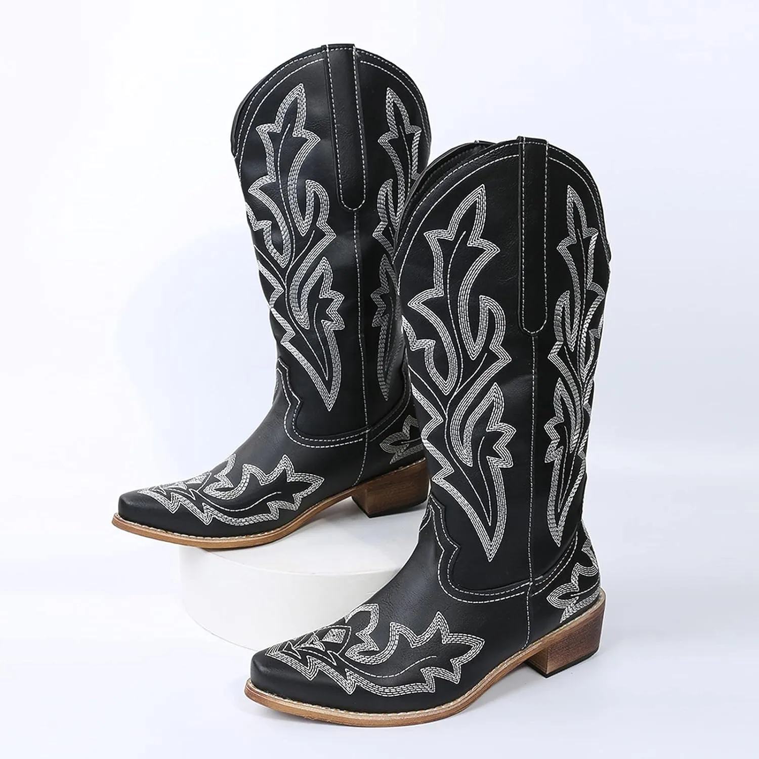 Cathalem Cowboy Boots for Women Wide Calf Knee High Embroidered Western Cowgirl Boots, Pointed Toe Chunky Heel Boots