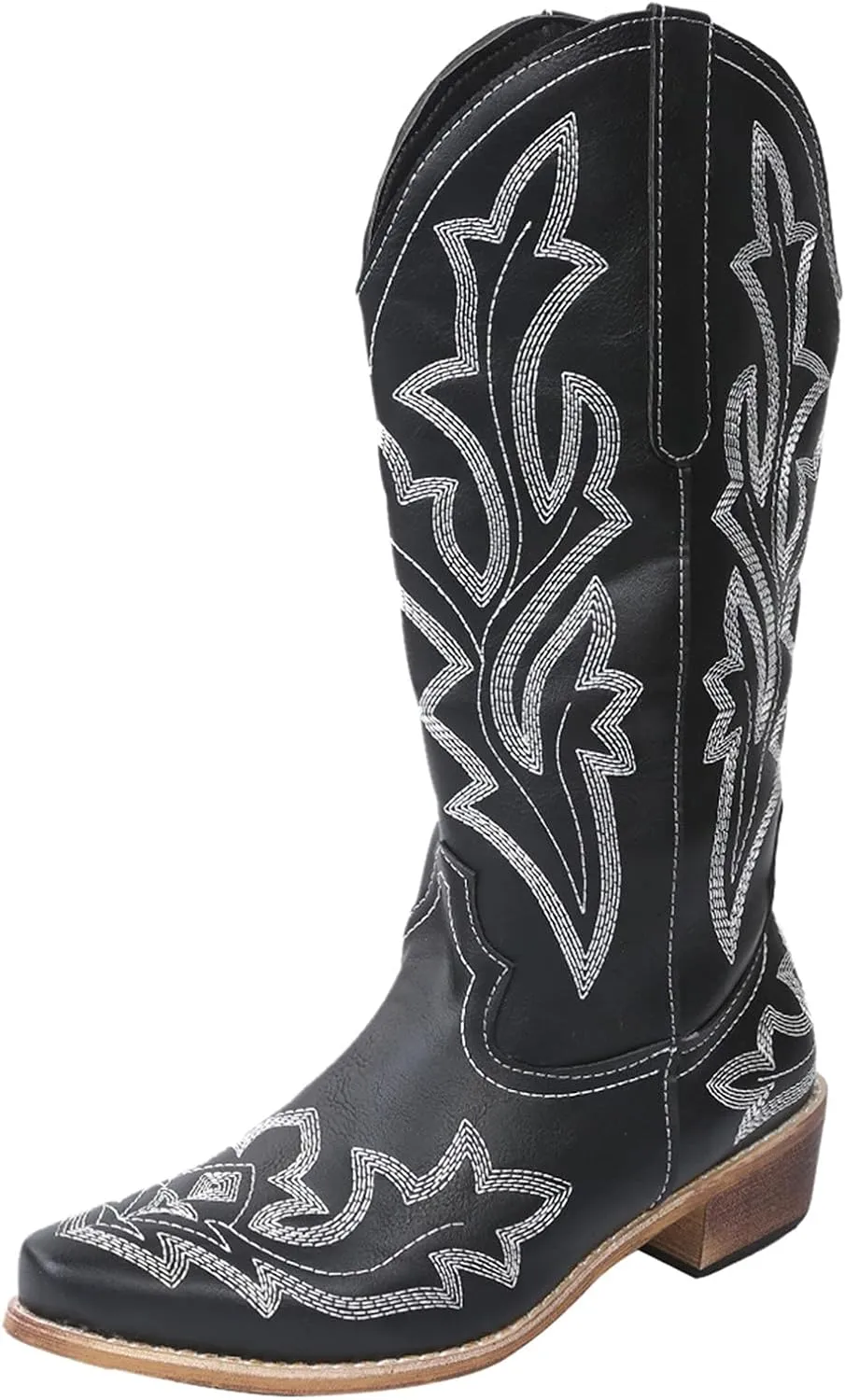 Cathalem Cowboy Boots for Women Wide Calf Knee High Embroidered Western Cowgirl Boots, Pointed Toe Chunky Heel Boots