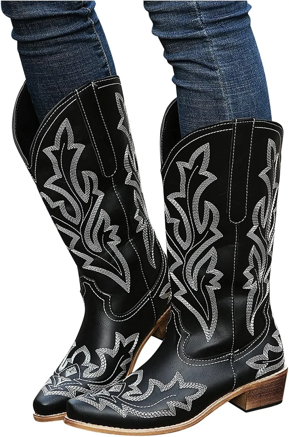 Cathalem Cowboy Boots for Women Wide Calf Knee High Embroidered Western Cowgirl Boots, Pointed Toe Chunky Heel Boots