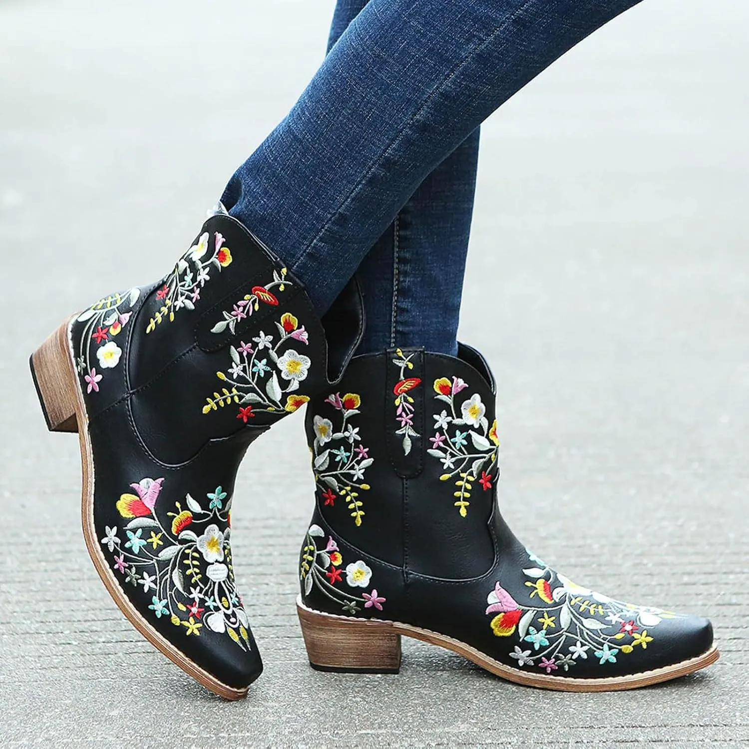 Cathalem Cowgirl Boots for Women, Western Ankle Boots for Women Chunky Heel Mid Calf Ankle Boots Pointed Toe Short Booties