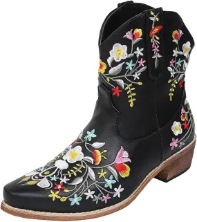 Cathalem Cowgirl Boots for Women, Western Ankle Boots for Women Chunky Heel Mid Calf Ankle Boots Pointed Toe Short Booties