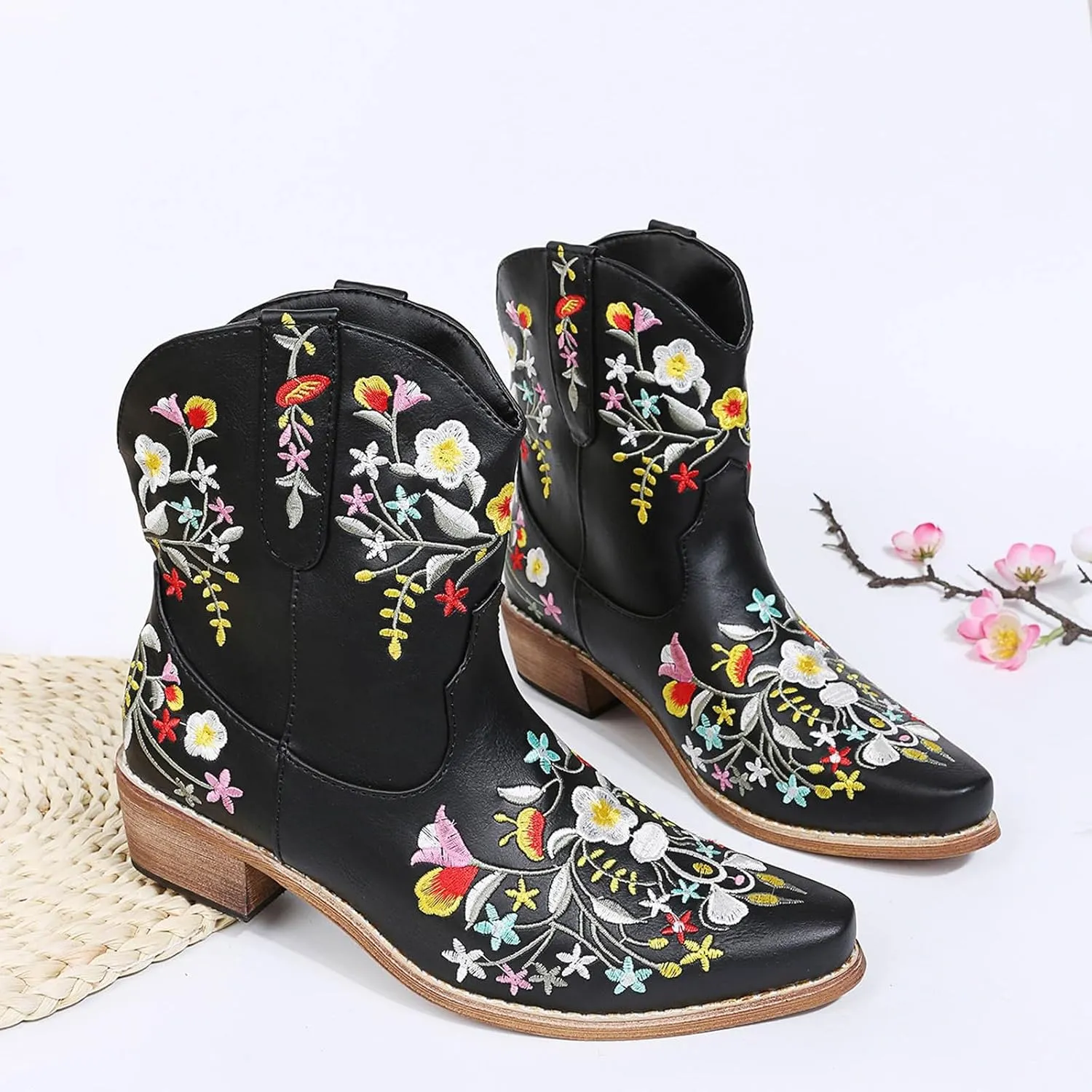 Cathalem Cowgirl Boots for Women, Western Ankle Boots for Women Chunky Heel Mid Calf Ankle Boots Pointed Toe Short Booties