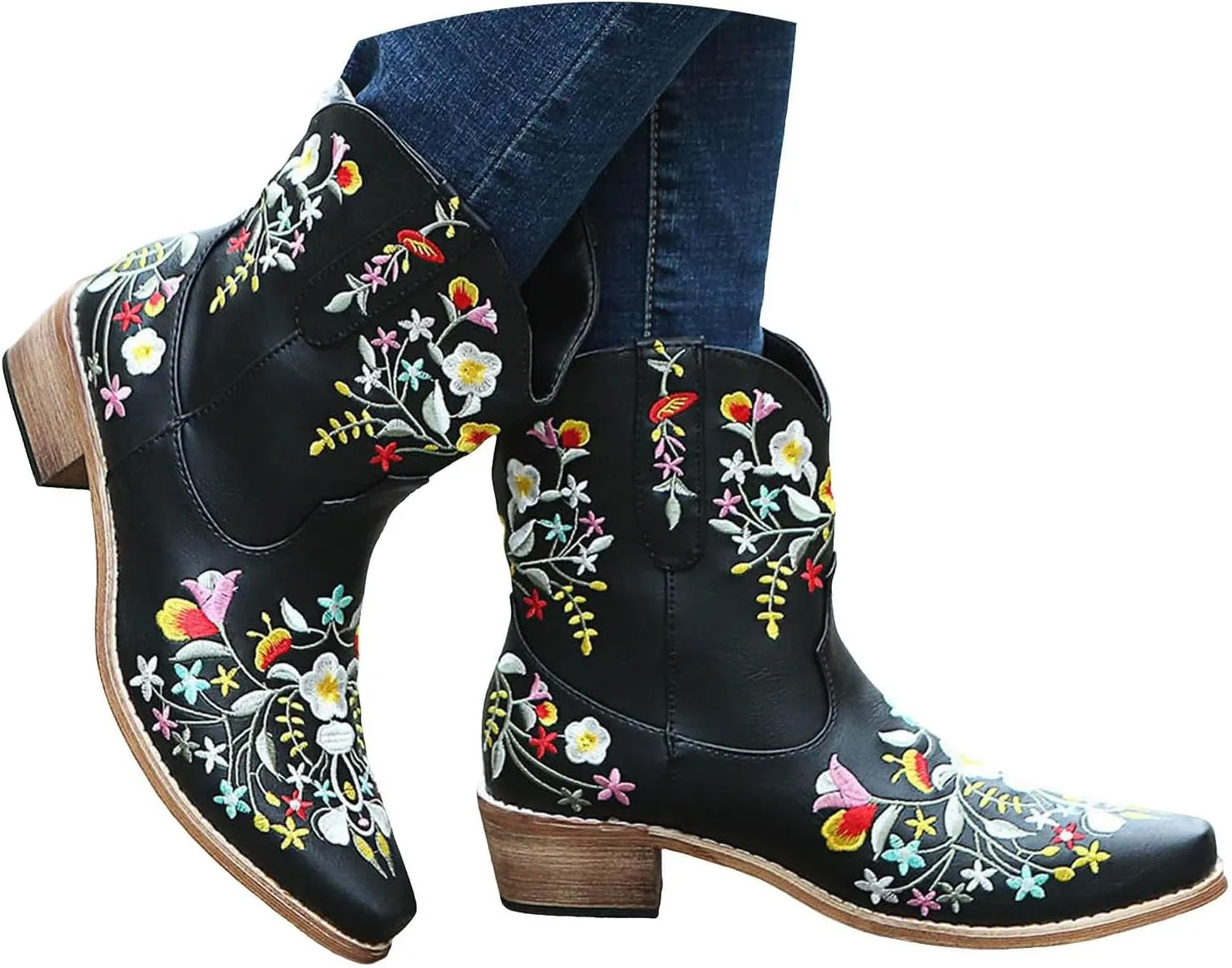 Cathalem Cowgirl Boots for Women, Western Ankle Boots for Women Chunky Heel Mid Calf Ankle Boots Pointed Toe Short Booties