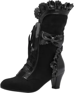 Cathalem Halloween Boots for Women, 2024 Vintage Victorian Boots 70s Lace Up Mid Calf Renaissance Boots Fall Winter Boots