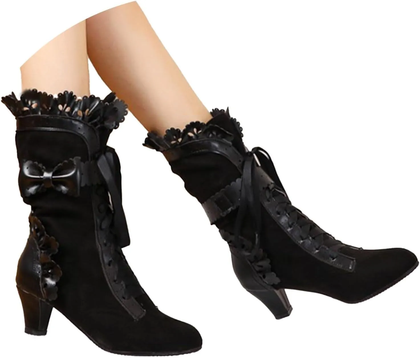 Cathalem Halloween Boots for Women, 2024 Vintage Victorian Boots 70s Lace Up Mid Calf Renaissance Boots Fall Winter Boots