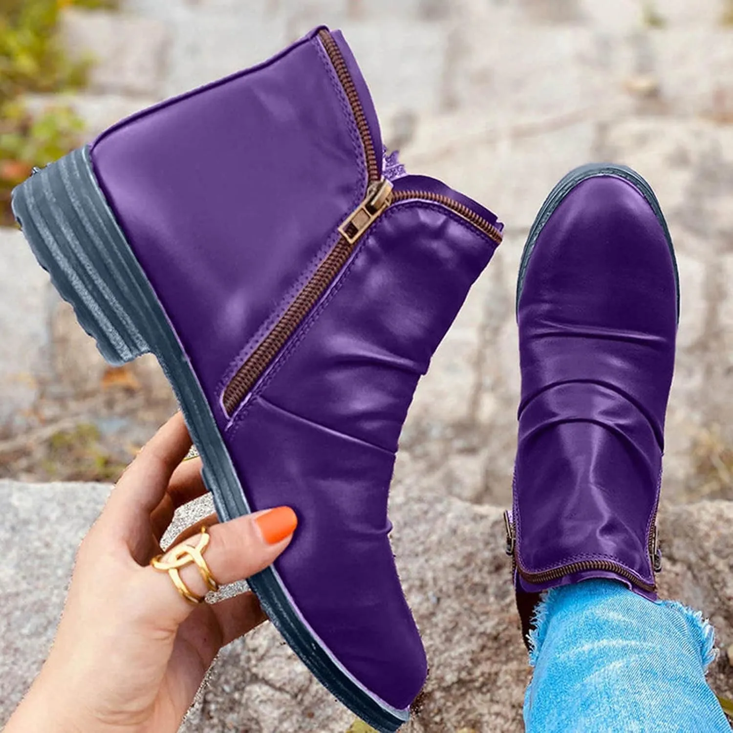 Cathalem Womens Ankle Boots Classic Flat Low Heel Pointed Toe Buckle Slip On Zip Fashion Comfortable Booties Fall Boots 2024