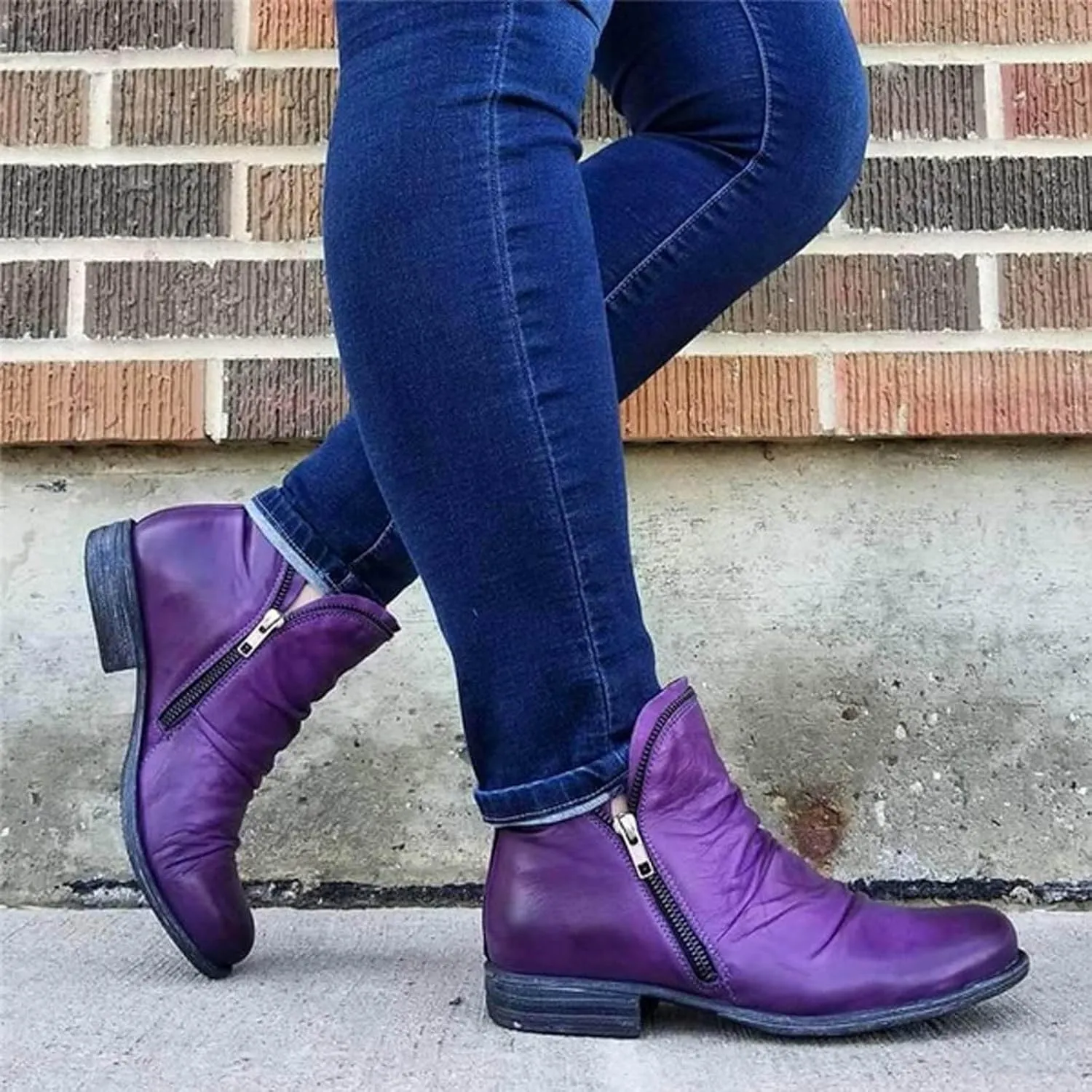 Cathalem Womens Ankle Boots Classic Flat Low Heel Pointed Toe Buckle Slip On Zip Fashion Comfortable Booties Fall Boots 2024