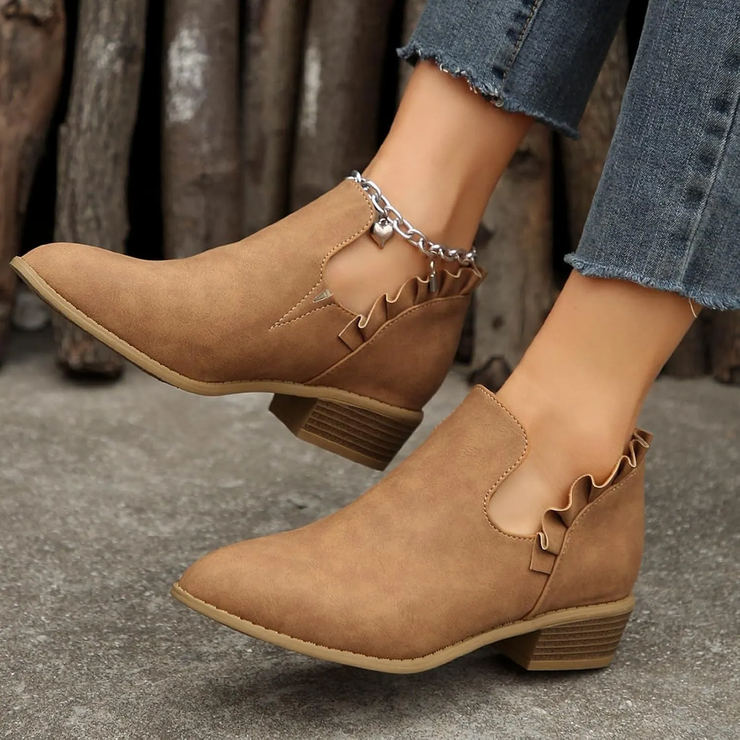 Cathalem Women's Ankle Boots Low Heels Chunky Cutout Booties Perforated Western Shoes Low Heel Arch Support Boots