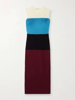 Color-block stretch-mesh, jersey and satin midi dress