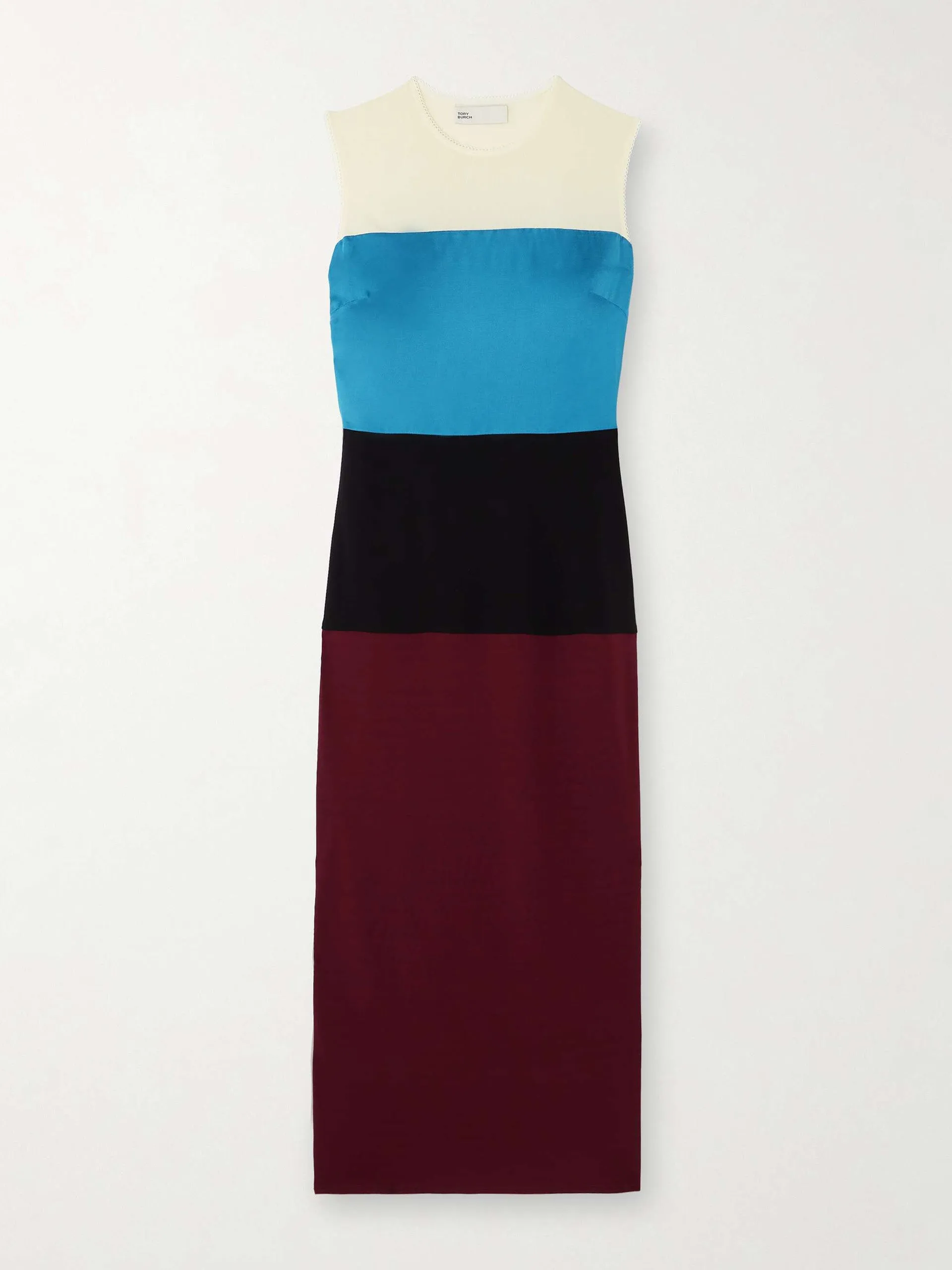 Color-block stretch-mesh, jersey and satin midi dress