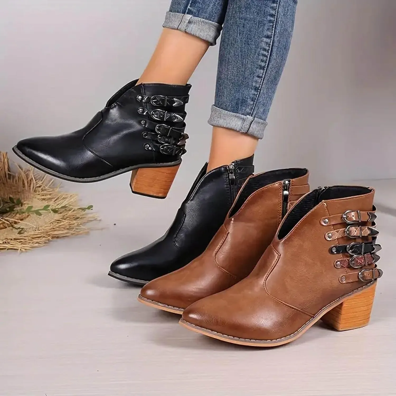 Cowboy Boots for Women Women's Ankle Boots Pointed Toe Five Times Buckle Chunky Heel Booties Side Zipper Casual Short Boots