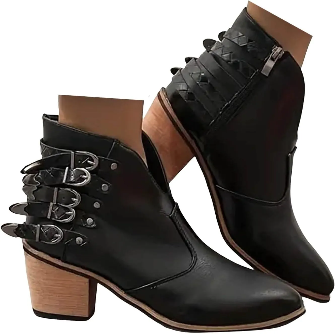 Cowboy Boots for Women Women's Ankle Boots Pointed Toe Five Times Buckle Chunky Heel Booties Side Zipper Casual Short Boots