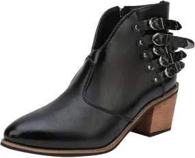 Cowboy Boots for Women Women's Ankle Boots Pointed Toe Five Times Buckle Chunky Heel Booties Side Zipper Casual Short Boots