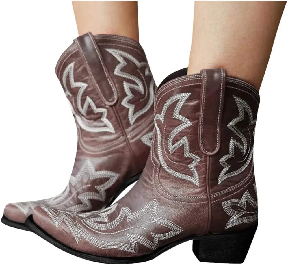 Cowboy Boots for Women Womens Embroidery Western Ankle Cowgirl Boots Point Toe Shoes Chunky Heel Comforty Short Boots