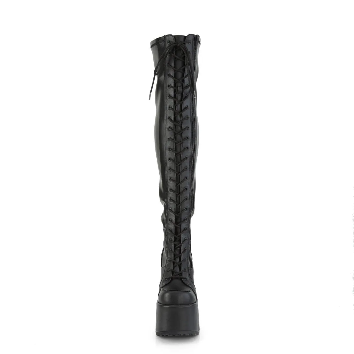 Demonia CAMEL-300 | Black Stretch Vegan Leather Above Knee Boots