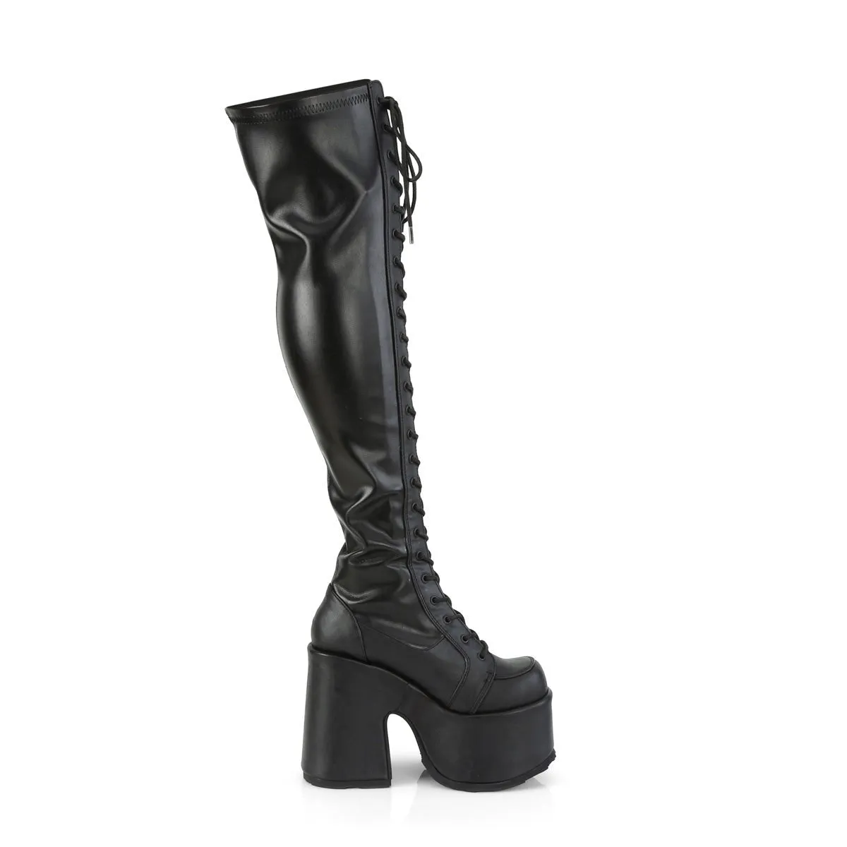 Demonia CAMEL-300 | Black Stretch Vegan Leather Above Knee Boots