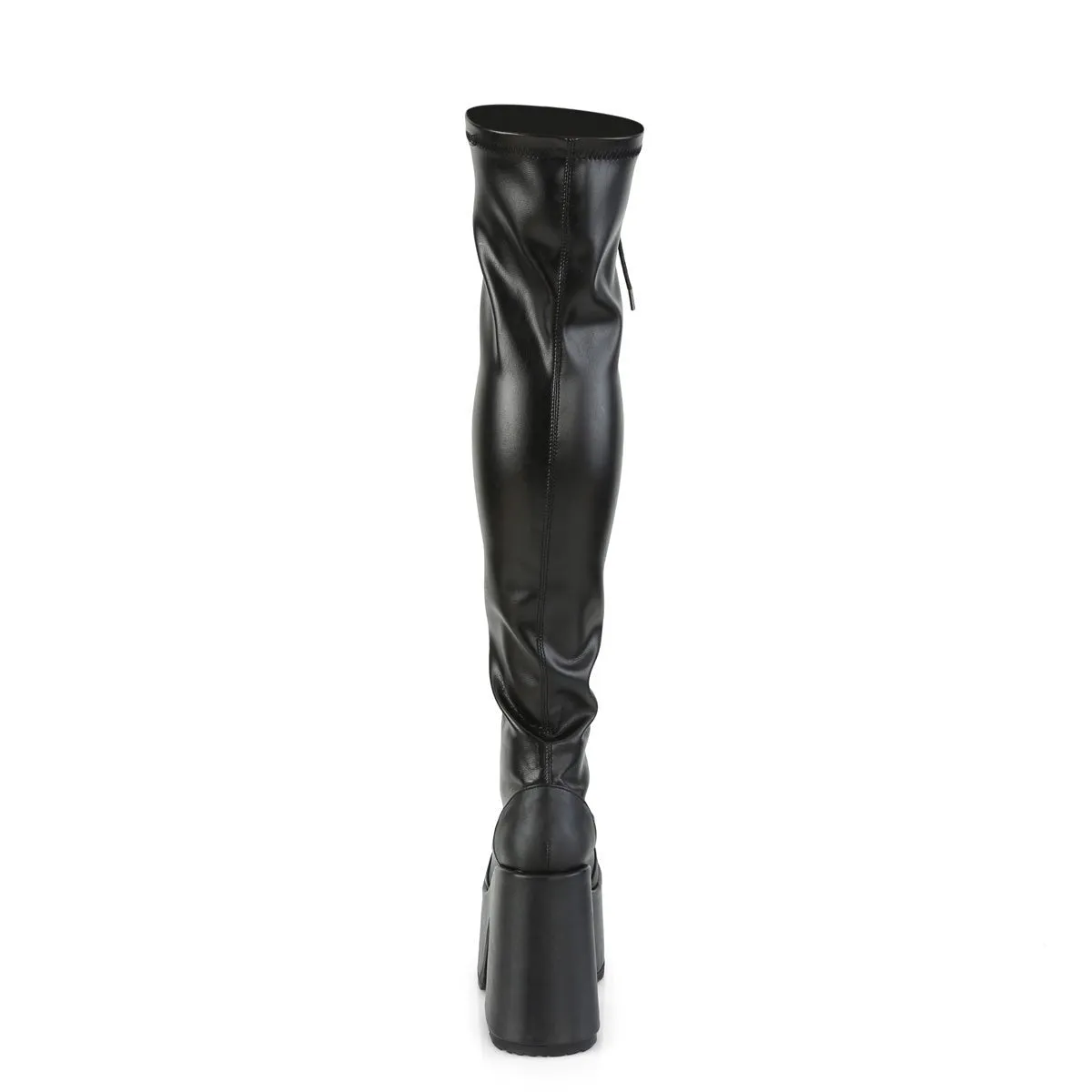 Demonia CAMEL-300 | Black Stretch Vegan Leather Above Knee Boots