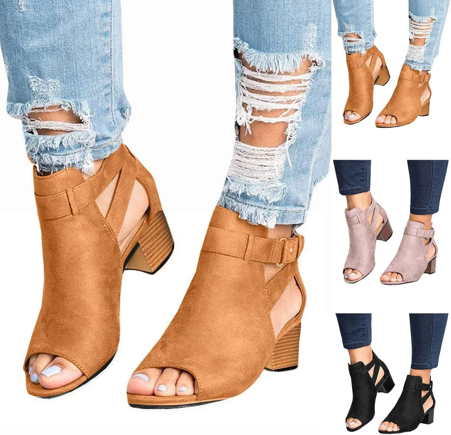 Eduavar Sandals for Women Dressy Summer, Leather Sandals for Women Open Toe Chunky Low Heel Sandals Boots with Buckle Strap
