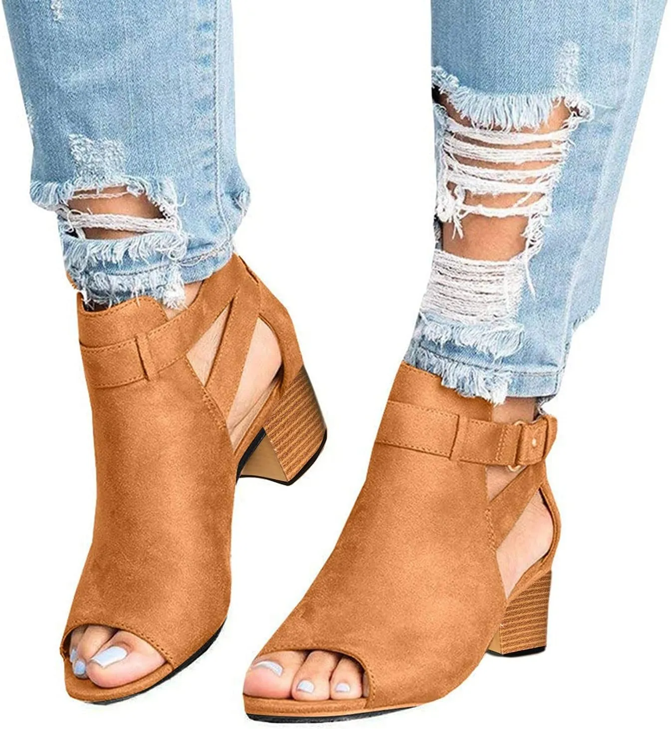 Eduavar Sandals for Women Dressy Summer, Leather Sandals for Women Open Toe Chunky Low Heel Sandals Boots with Buckle Strap