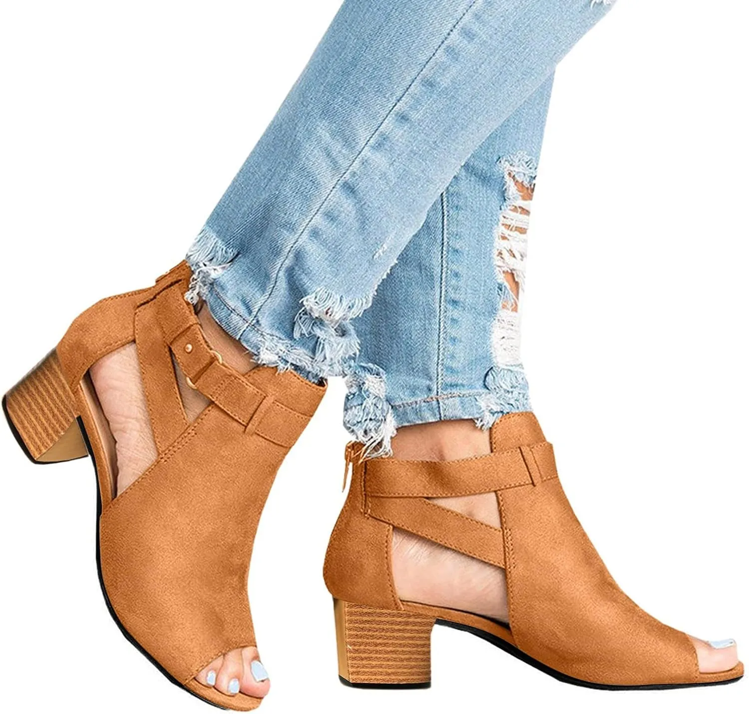 Eduavar Sandals for Women Dressy Summer, Leather Sandals for Women Open Toe Chunky Low Heel Sandals Boots with Buckle Strap