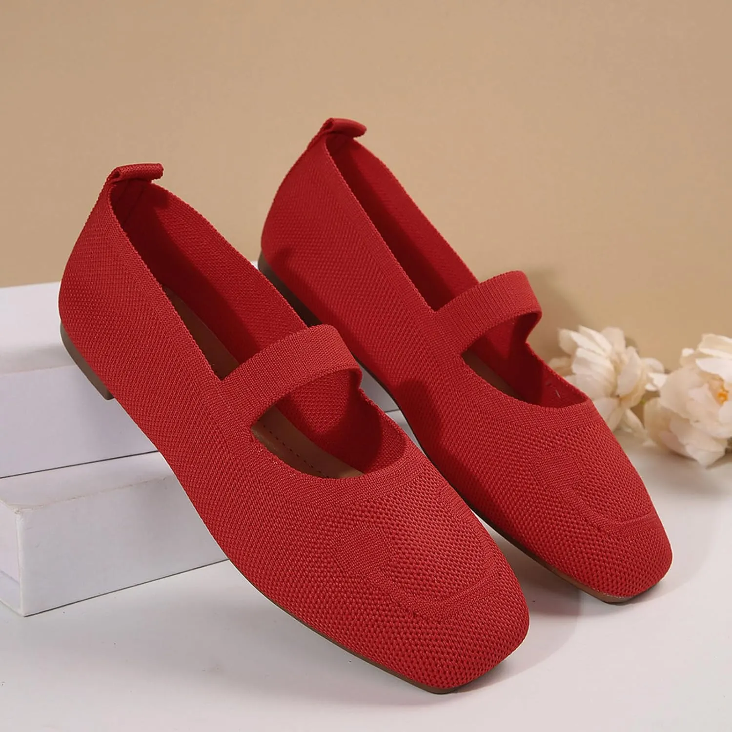 Flats for Women Wide Width Comfortable Breathable Dress Shoes Knit Square Toe Walking Business Sandals Slip-On Low Heel